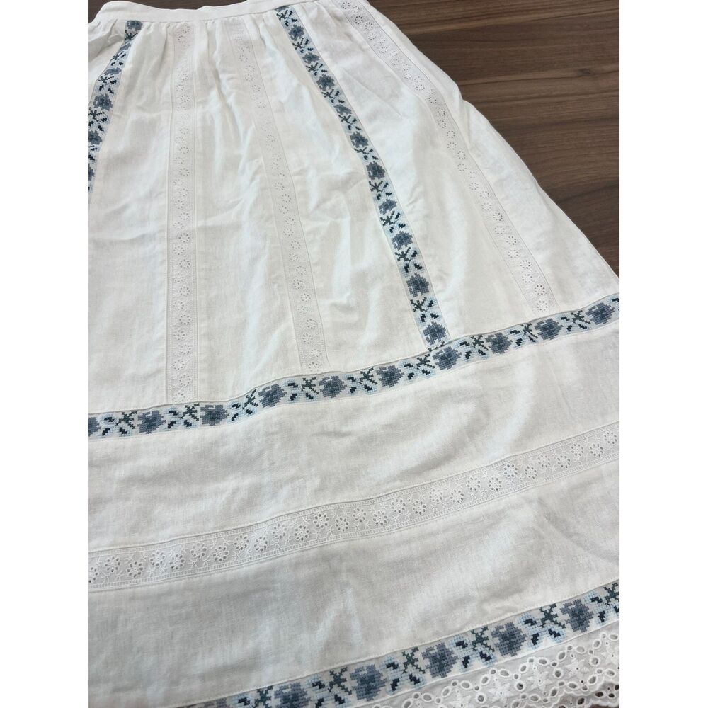 Caroline Constas XS Linen Blend Embroidered Maxi Skirt White Blue Boho Cottage - Picture 7 of 12